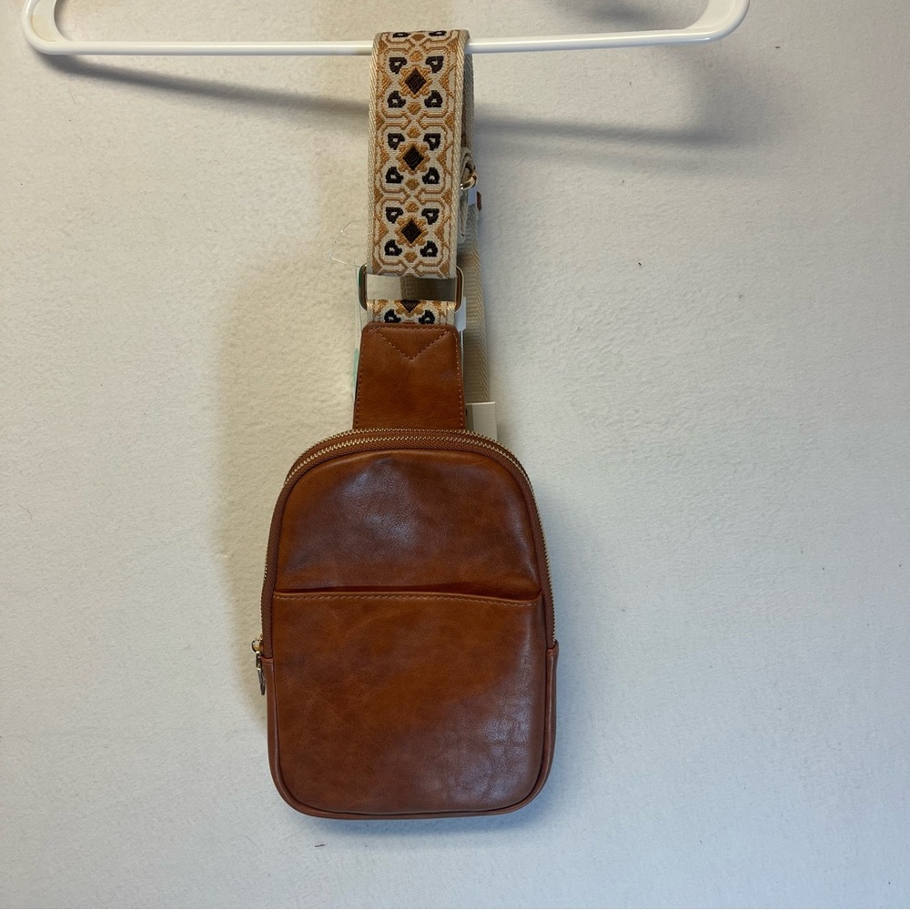 Moda Luxe Tan Leather Crossbody Sling Bag with Patterned Strap